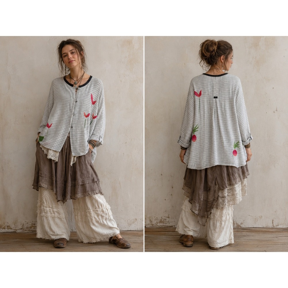 VTG 90s Play Alegre Hand Painted Linen Shirt Women XL White Lagenlook Boho Artsy